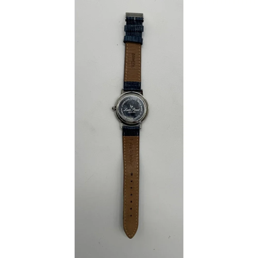 Lucien Piccard Diamond Watch Silver Tone Blue Leather Strap 2803-RD Roman Numera